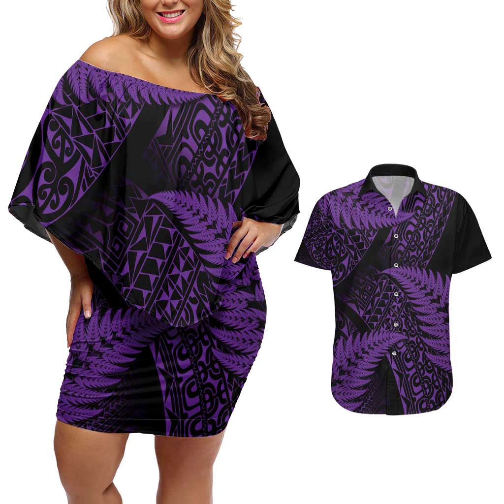 New Zealand Rugby Pacific Personalised Couples Matching Off Shoulder Short Dress and Hawaiian Shirt All Purple Maori Pasifika Fern Pattern