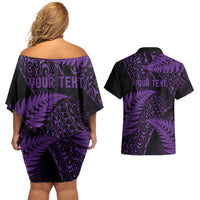 New Zealand Rugby Pacific Personalised Couples Matching Off Shoulder Short Dress and Hawaiian Shirt All Purple Maori Pasifika Fern Pattern