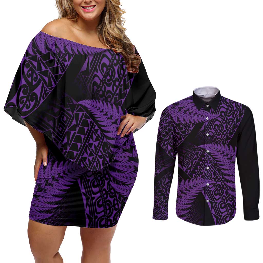 New Zealand Rugby Pacific Personalised Couples Matching Off Shoulder Short Dress and Long Sleeve Button Shirt All Purple Maori Pasifika Fern Pattern