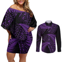 New Zealand Rugby Pacific Personalised Couples Matching Off Shoulder Short Dress and Long Sleeve Button Shirt All Purple Maori Pasifika Fern Pattern