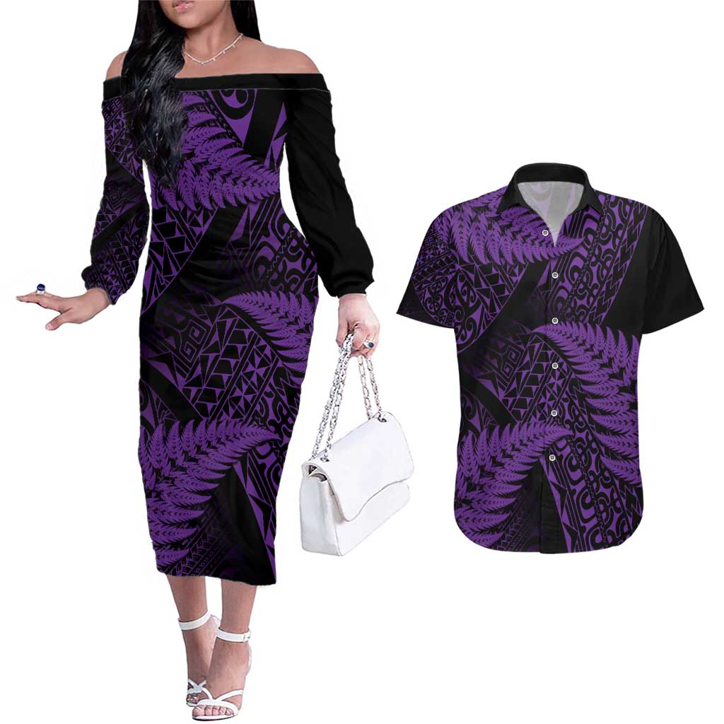 New Zealand Rugby Pacific Personalised Couples Matching Off The Shoulder Long Sleeve Dress and Hawaiian Shirt All Purple Maori Pasifika Fern Pattern