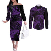 New Zealand Rugby Pacific Personalised Couples Matching Off The Shoulder Long Sleeve Dress and Long Sleeve Button Shirt All Purple Maori Pasifika Fern Pattern