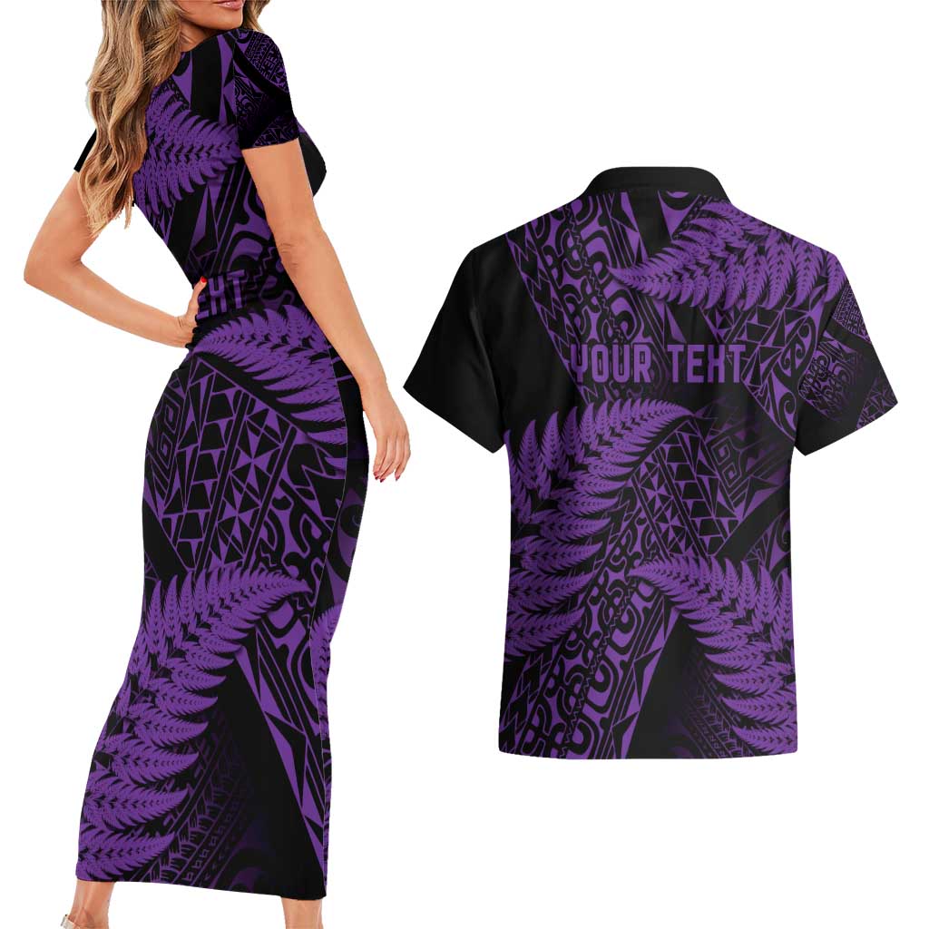 New Zealand Rugby Pacific Personalised Couples Matching Short Sleeve Bodycon Dress and Hawaiian Shirt All Purple Maori Pasifika Fern Pattern