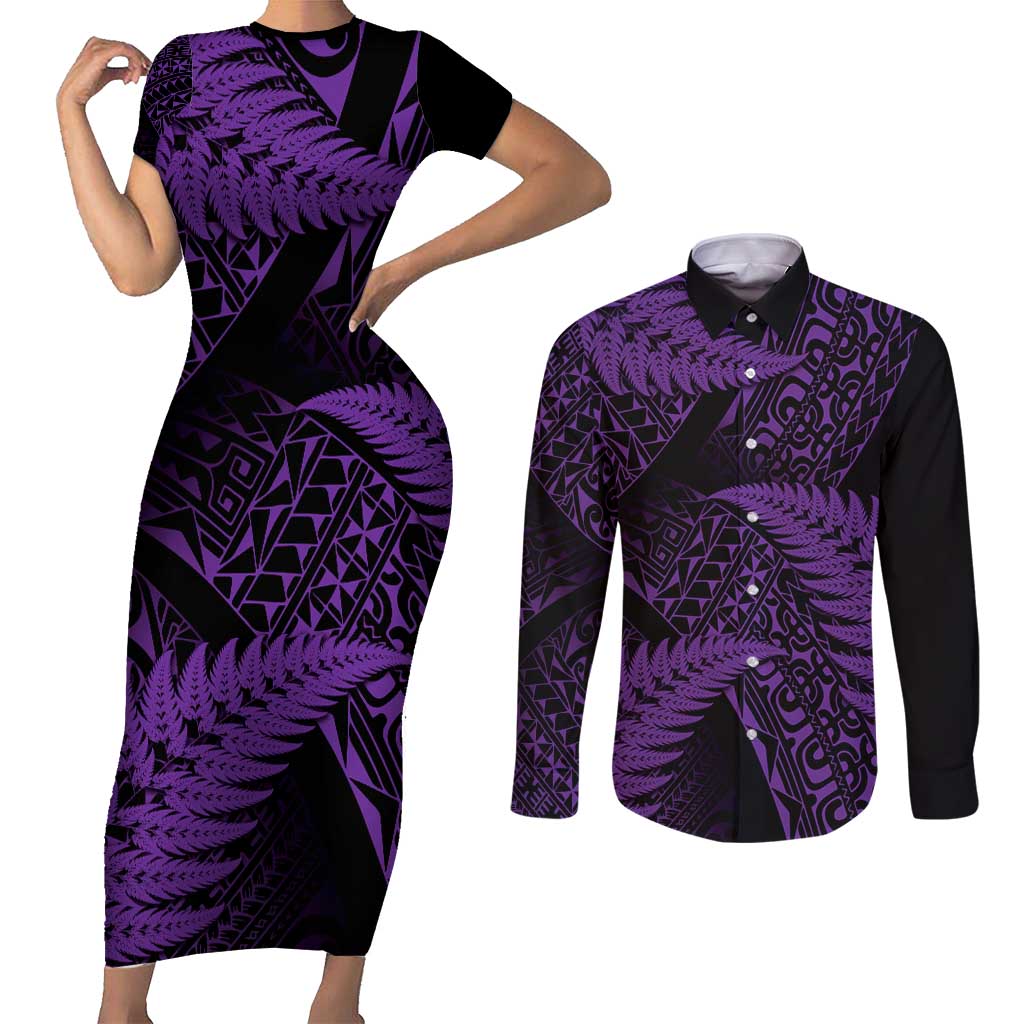 New Zealand Rugby Pacific Personalised Couples Matching Short Sleeve Bodycon Dress and Long Sleeve Button Shirt All Purple Maori Pasifika Fern Pattern