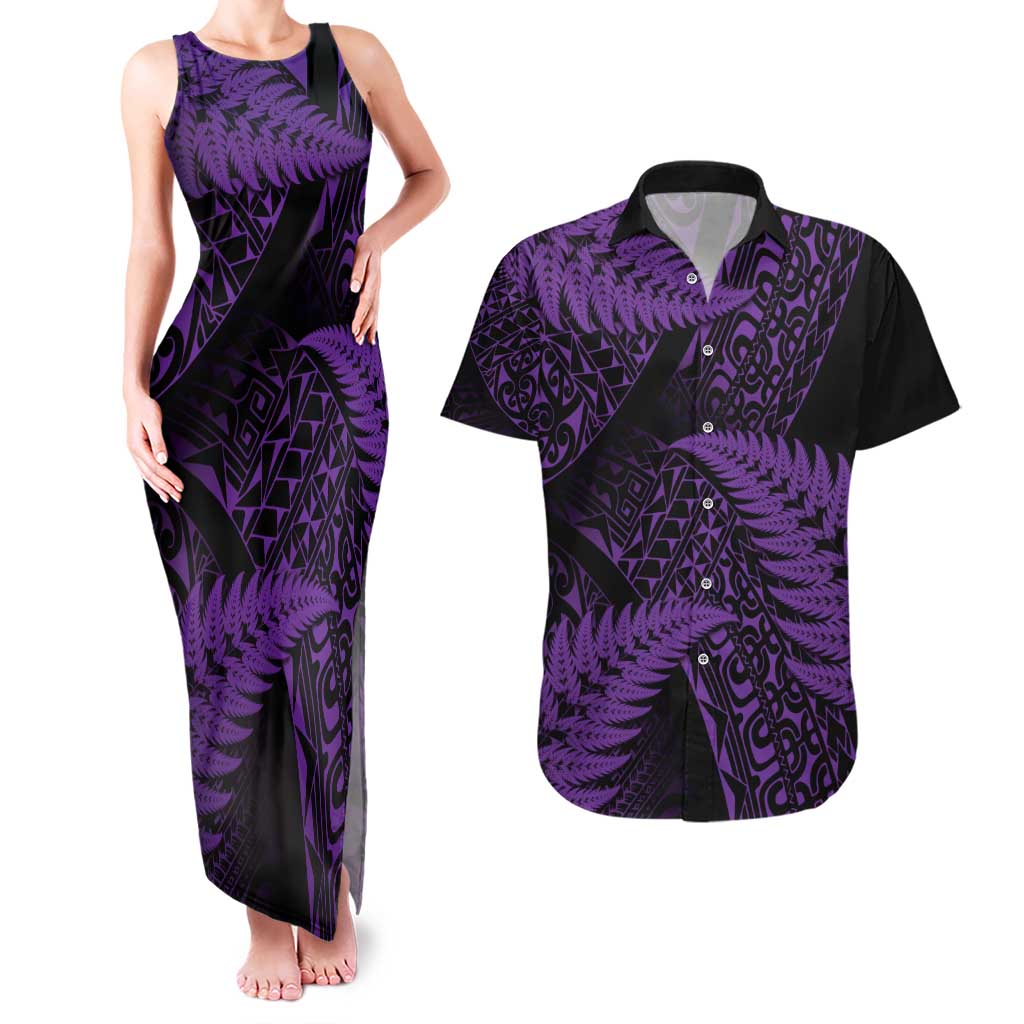 New Zealand Rugby Pacific Personalised Couples Matching Tank Maxi Dress and Hawaiian Shirt All Purple Maori Pasifika Fern Pattern