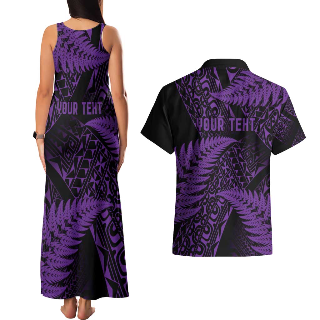 New Zealand Rugby Pacific Personalised Couples Matching Tank Maxi Dress and Hawaiian Shirt All Purple Maori Pasifika Fern Pattern