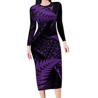 New Zealand Rugby Pacific Personalised Family Matching Long Sleeve Bodycon Dress and Hawaiian Shirt All Purple Maori Pasifika Fern Pattern