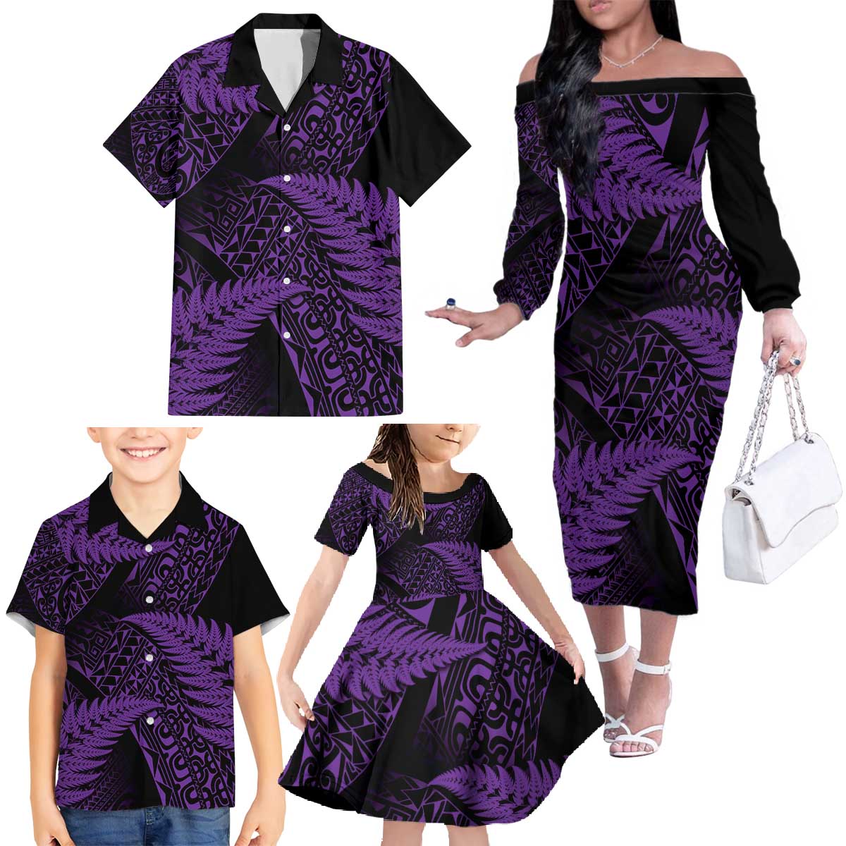 New Zealand Rugby Pacific Personalised Family Matching Off The Shoulder Long Sleeve Dress and Hawaiian Shirt All Purple Maori Pasifika Fern Pattern