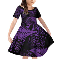 New Zealand Rugby Pacific Personalised Family Matching Off Shoulder Short Dress and Hawaiian Shirt All Purple Maori Pasifika Fern Pattern