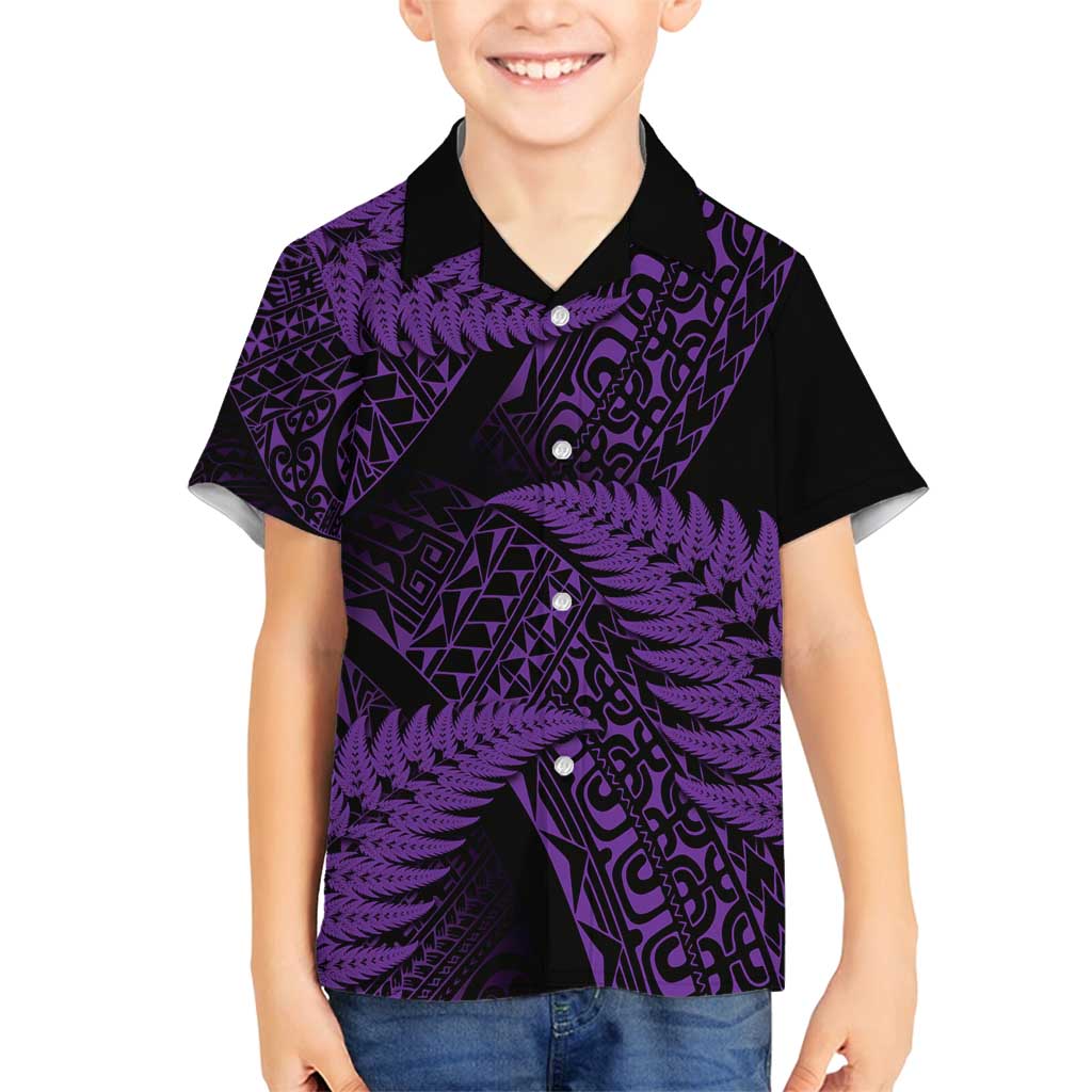 New Zealand Rugby Pacific Personalised Family Matching Off Shoulder Short Dress and Hawaiian Shirt All Purple Maori Pasifika Fern Pattern