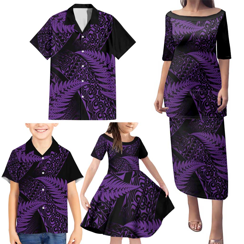 New Zealand Rugby Pacific Personalised Family Matching Puletasi and Hawaiian Shirt All Purple Maori Pasifika Fern Pattern