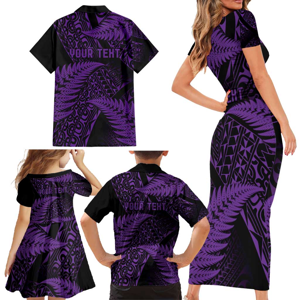 New Zealand Rugby Pacific Personalised Family Matching Short Sleeve Bodycon Dress and Hawaiian Shirt All Purple Maori Pasifika Fern Pattern