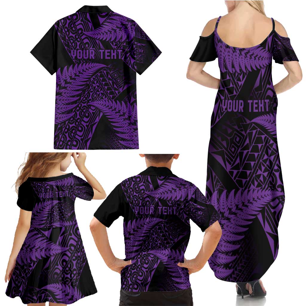 New Zealand Rugby Pacific Personalised Family Matching Summer Maxi Dress and Hawaiian Shirt All Purple Maori Pasifika Fern Pattern