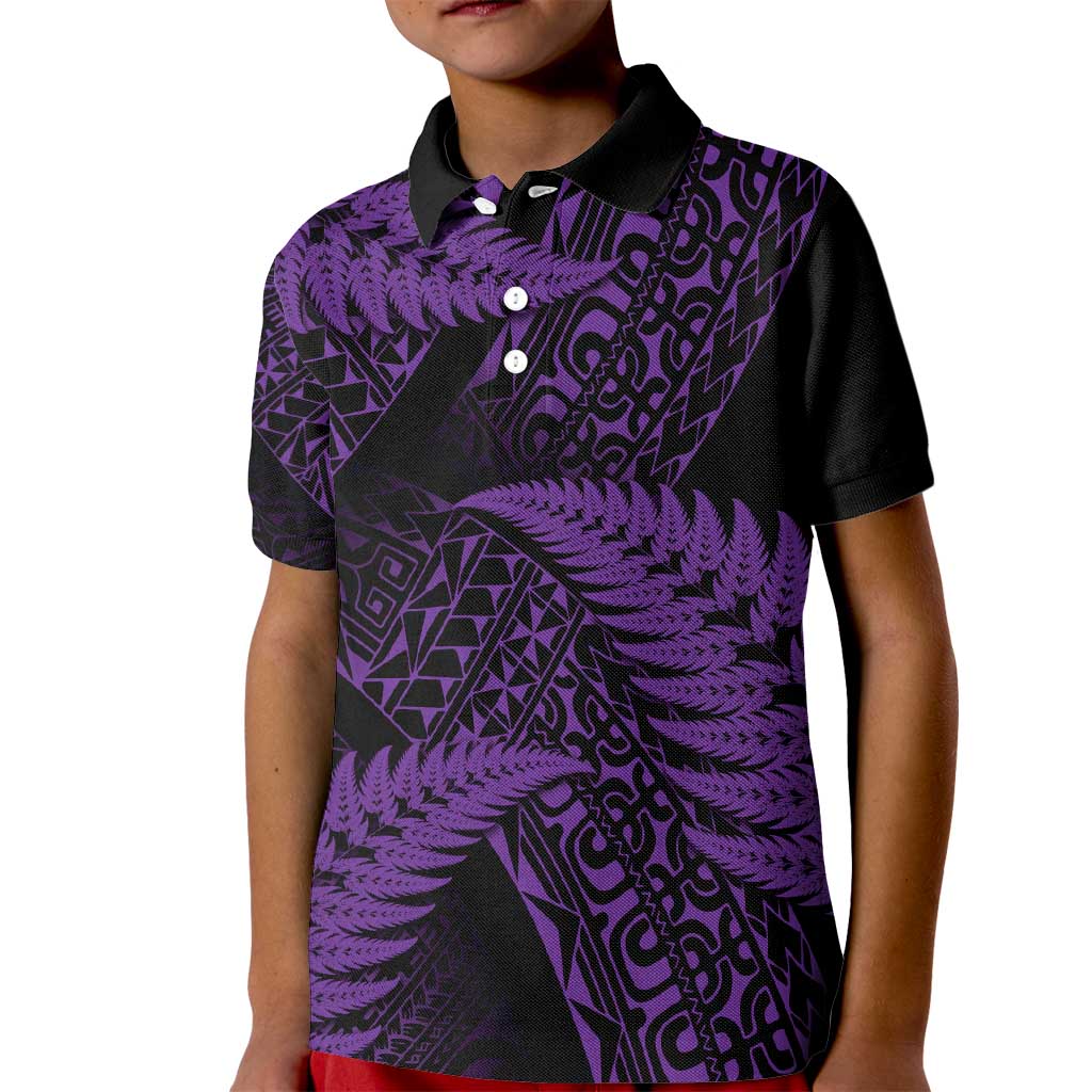 New Zealand Rugby Pacific Personalised Kid Polo Shirt All Purple Maori Pasifika Fern Pattern