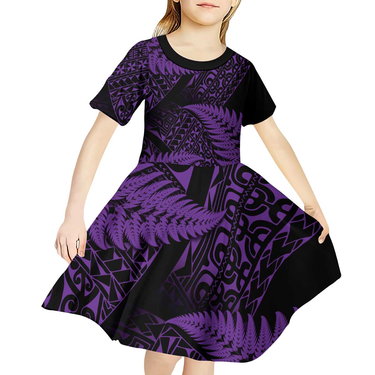 New Zealand Rugby Pacific Personalised Kid Short Sleeve Dress All Purple Maori Pasifika Fern Pattern