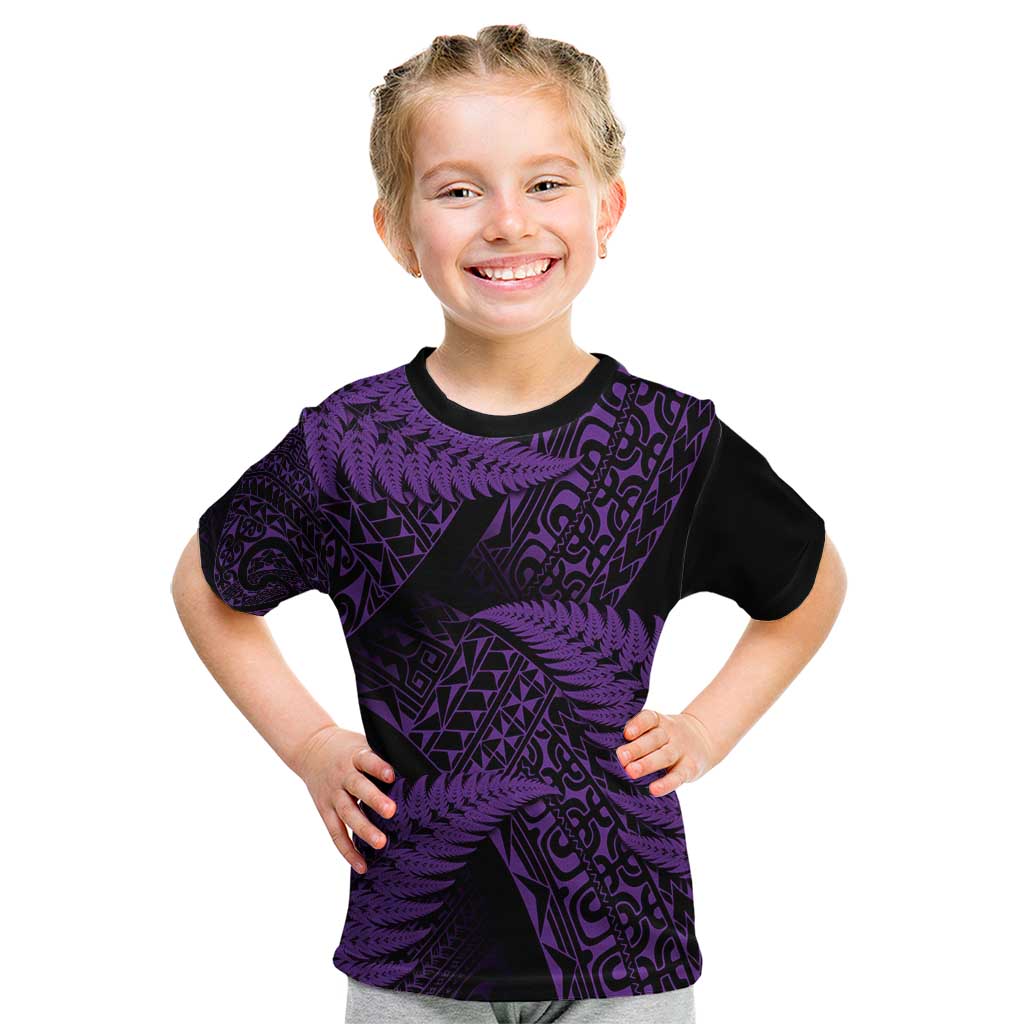 New Zealand Rugby Pacific Personalised Kid T Shirt All Purple Maori Pasifika Fern Pattern