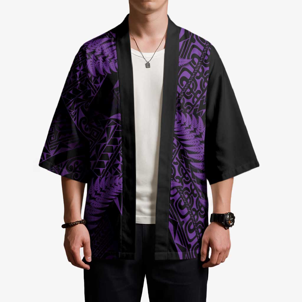 New Zealand Rugby Pacific Personalised Kimono All Purple Maori Pasifika Fern Pattern - Polynesian Pride