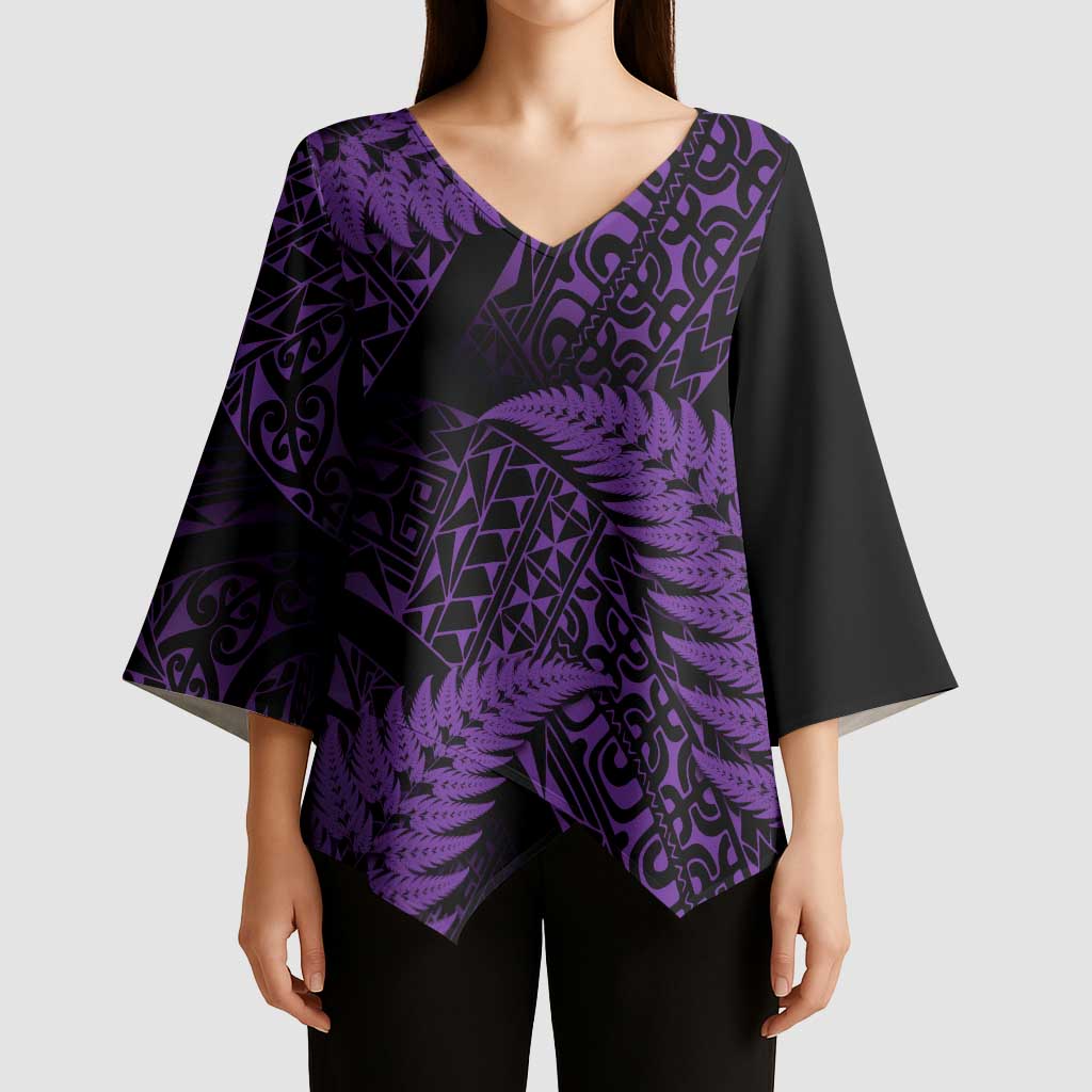 New Zealand Rugby Pacific Personalised Kimono Sleeve Blouse All Purple Maori Pasifika Fern Pattern - Polynesian Pride