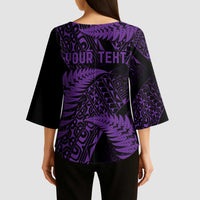 New Zealand Rugby Pacific Personalised Kimono Sleeve Blouse All Purple Maori Pasifika Fern Pattern - Polynesian Pride