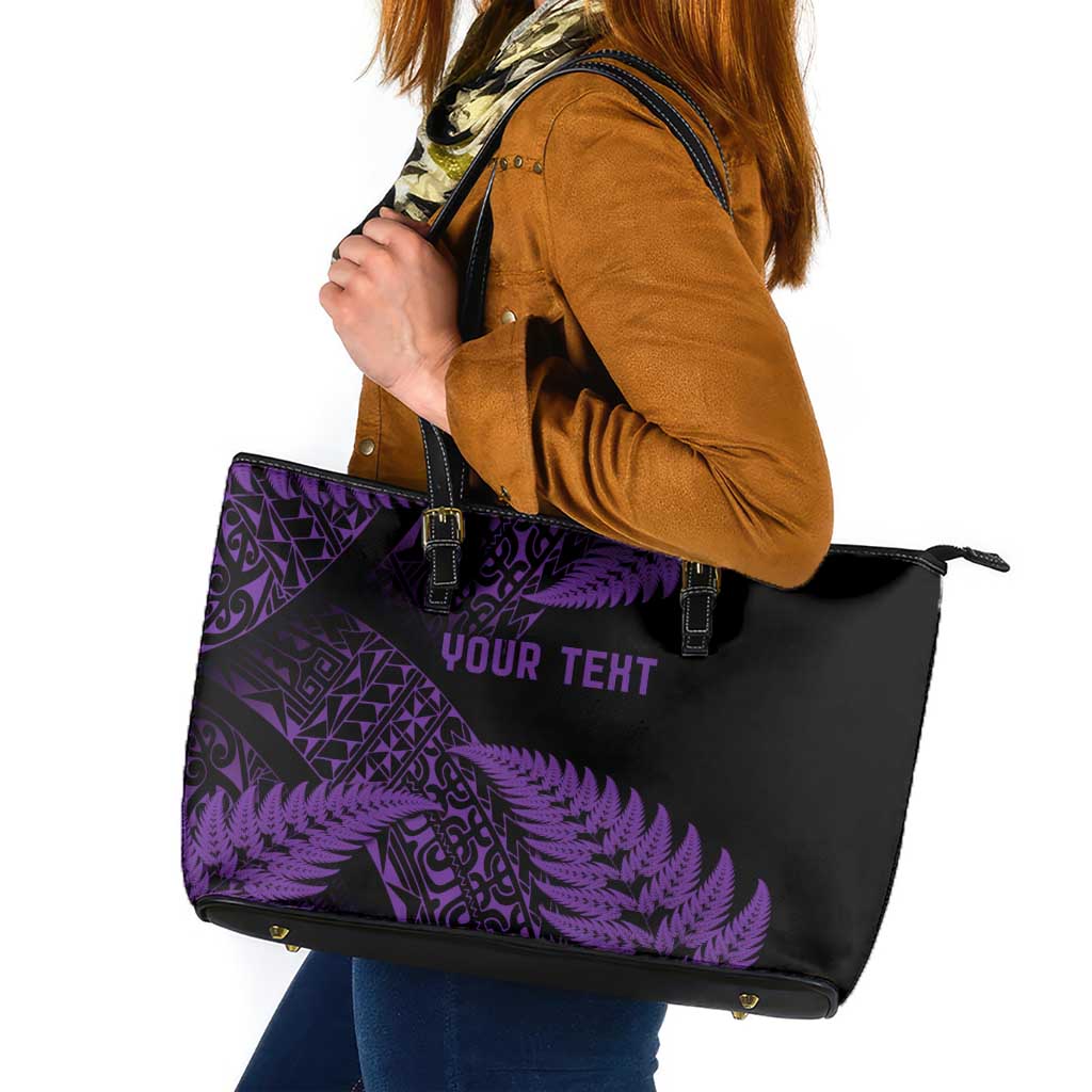 New Zealand Rugby Pacific Personalised Leather Tote Bag All Purple Maori Pasifika Fern Pattern