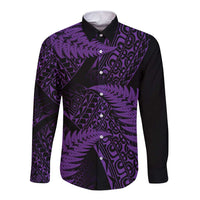 New Zealand Rugby Pacific Personalised Long Sleeve Button Shirt All Purple Maori Pasifika Fern Pattern