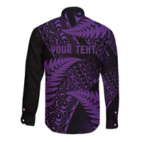 New Zealand Rugby Pacific Personalised Long Sleeve Button Shirt All Purple Maori Pasifika Fern Pattern