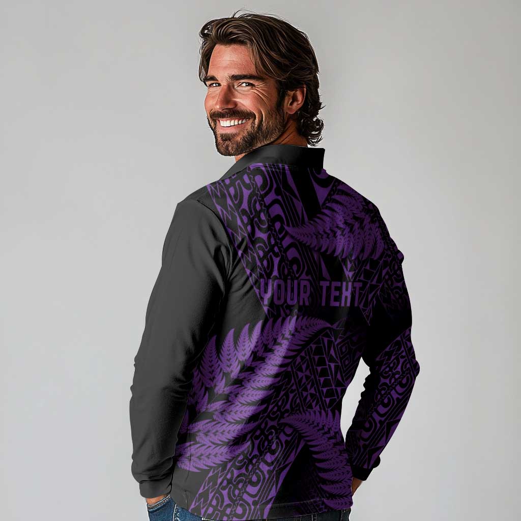 New Zealand Rugby Pacific Personalised Long Sleeve Polo Shirt All Purple Maori Pasifika Fern Pattern