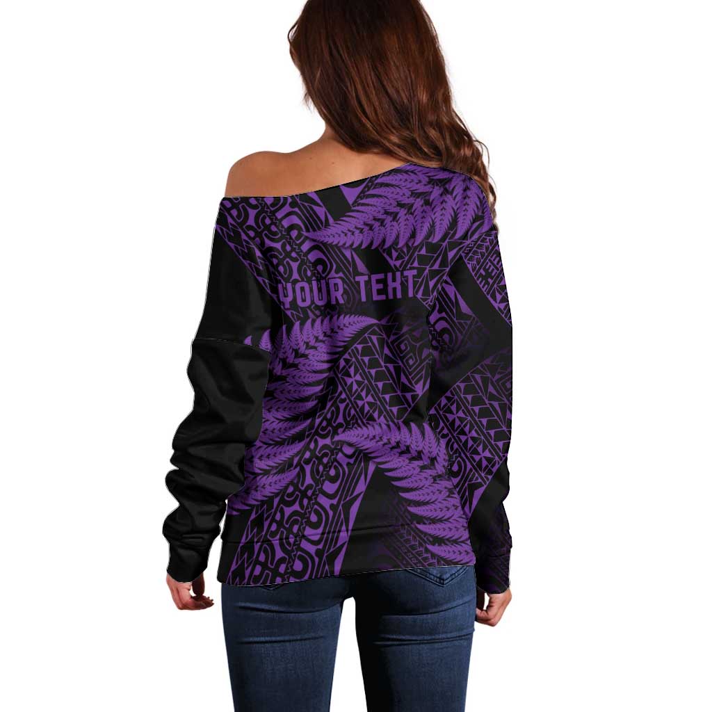New Zealand Rugby Pacific Personalised Off Shoulder Sweater All Purple Maori Pasifika Fern Pattern
