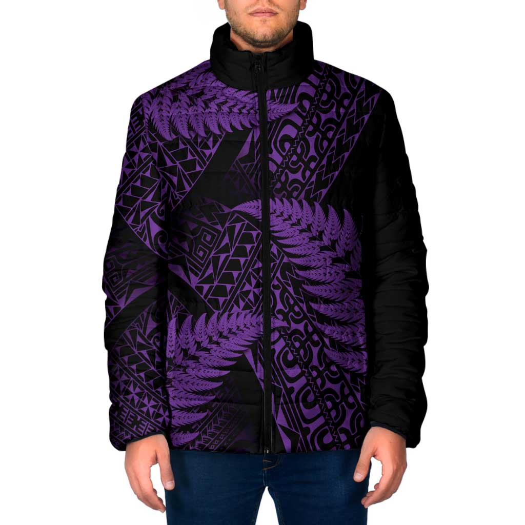 New Zealand Rugby Pacific Personalised Padded Jacket All Purple Maori Pasifika Fern Pattern - Polynesian Pride