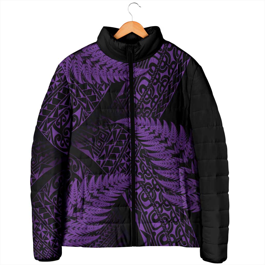 New Zealand Rugby Pacific Personalised Padded Jacket All Purple Maori Pasifika Fern Pattern - Polynesian Pride
