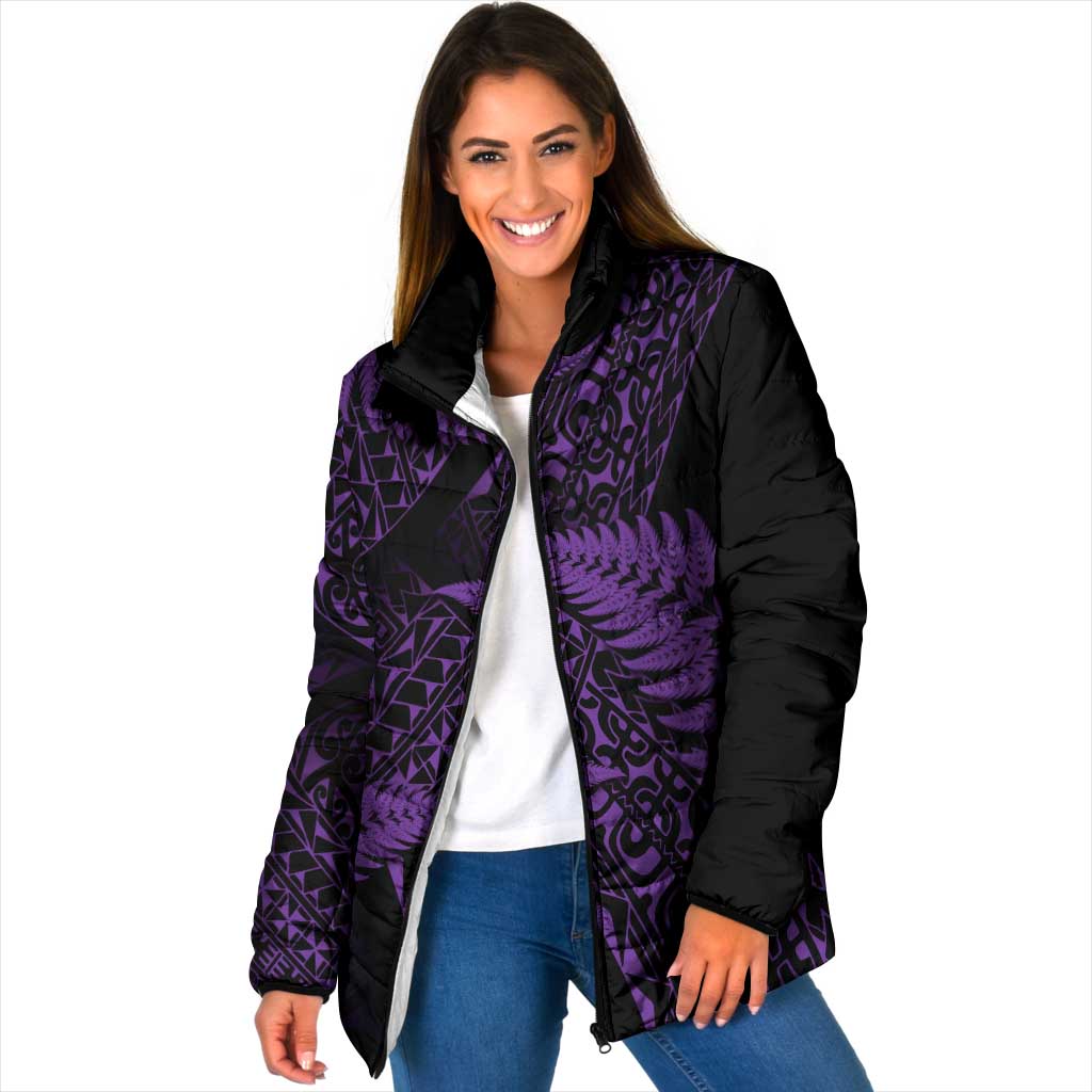 New Zealand Rugby Pacific Personalised Padded Jacket All Purple Maori Pasifika Fern Pattern - Polynesian Pride