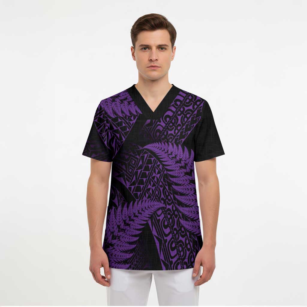 New Zealand Rugby Pacific Personalised Scrub Top All Purple Maori Pasifika Fern Pattern - Polynesian Pride