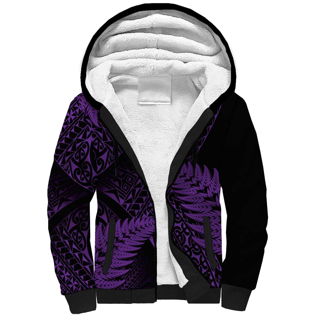New Zealand Rugby Pacific Personalised Sherpa Hoodie All Purple Maori Pasifika Fern Pattern