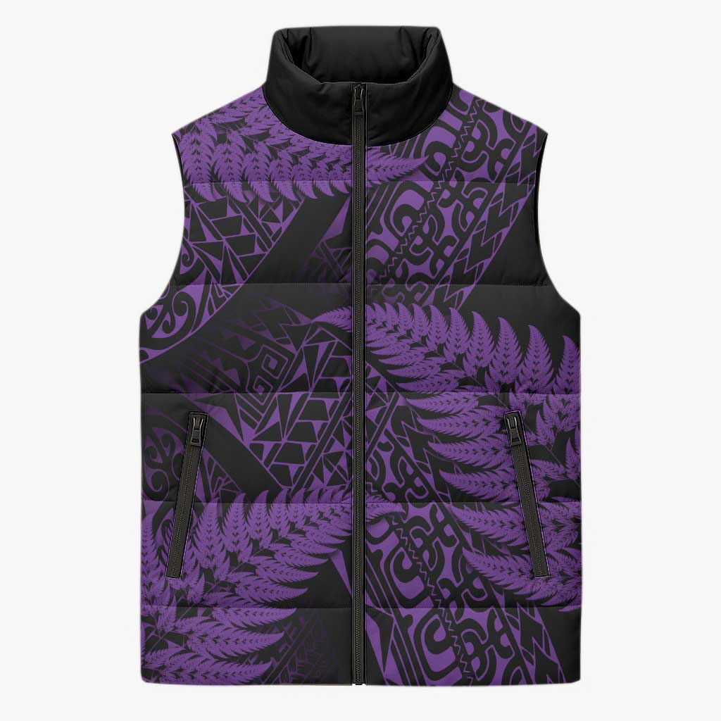 New Zealand Rugby Pacific Personalised Sleeveless Puffer Jacket All Purple Maori Pasifika Fern Pattern - Polynesian Pride