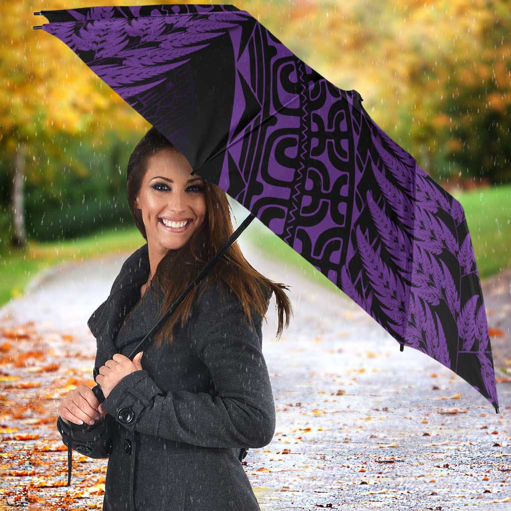 New Zealand Rugby Pacific Personalised Umbrella All Purple Maori Pasifika Fern Pattern - Polynesian Pride