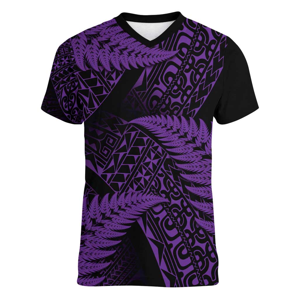 New Zealand Rugby Pacific Personalised Women V-Neck T-Shirt All Purple Maori Pasifika Fern Pattern LT9 Female Purple - Polynesian Pride