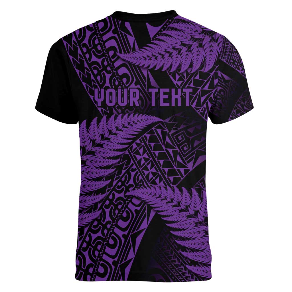 New Zealand Rugby Pacific Personalised Women V-Neck T-Shirt All Purple Maori Pasifika Fern Pattern LT9 - Polynesian Pride