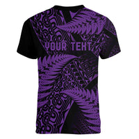 New Zealand Rugby Pacific Personalised Women V-Neck T-Shirt All Purple Maori Pasifika Fern Pattern LT9 - Polynesian Pride