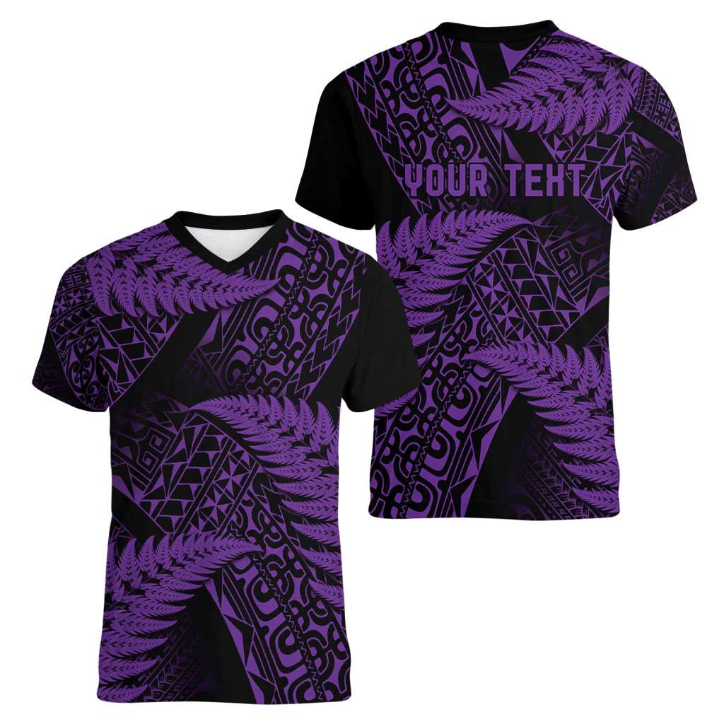 New Zealand Rugby Pacific Personalised Women V-Neck T-Shirt All Purple Maori Pasifika Fern Pattern LT9 - Polynesian Pride