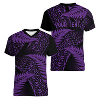 New Zealand Rugby Pacific Personalised Women V-Neck T-Shirt All Purple Maori Pasifika Fern Pattern LT9 - Polynesian Pride