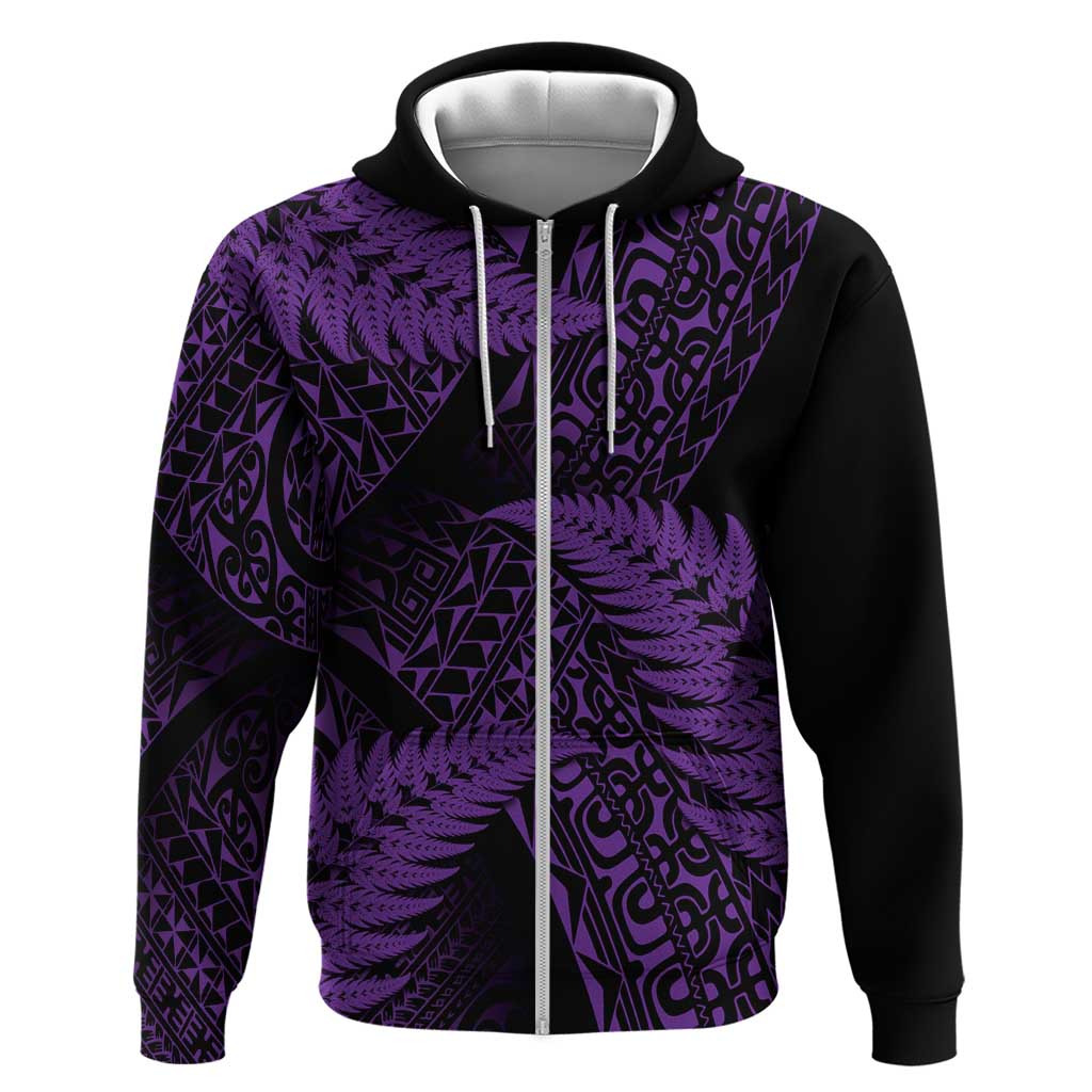 New Zealand Rugby Pacific Personalised Zip Hoodie All Purple Maori Pasifika Fern Pattern
