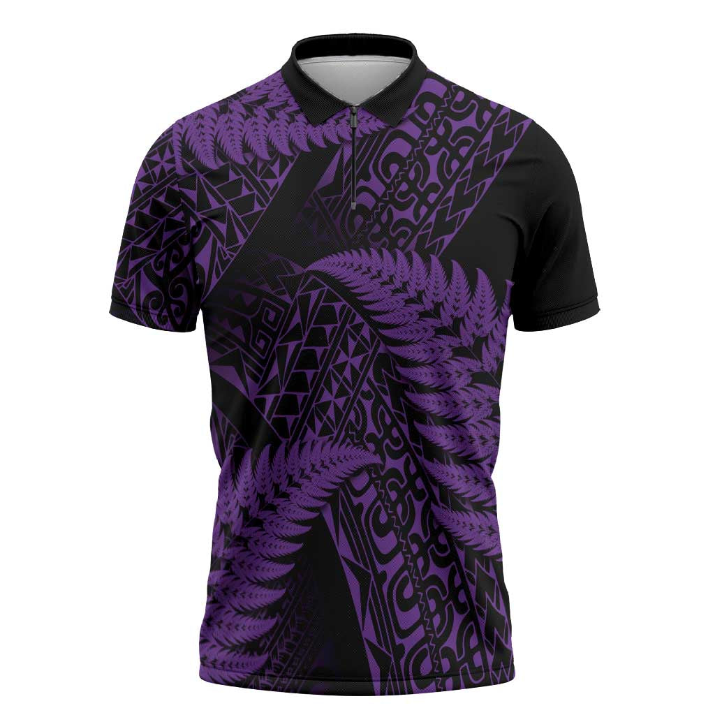 New Zealand Rugby Pacific Personalised Zipper Polo Shirt All Purple Maori Pasifika Fern Pattern - Polynesian Pride