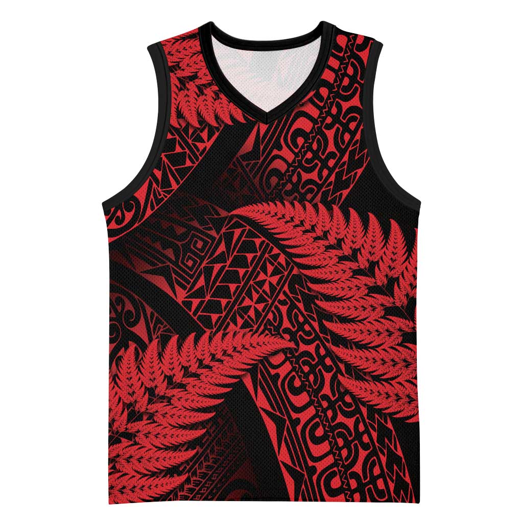 New Zealand Rugby Pacific Personalised Basketball Jersey All Red Maori Pasifika Fern Pattern - Polynesian Pride