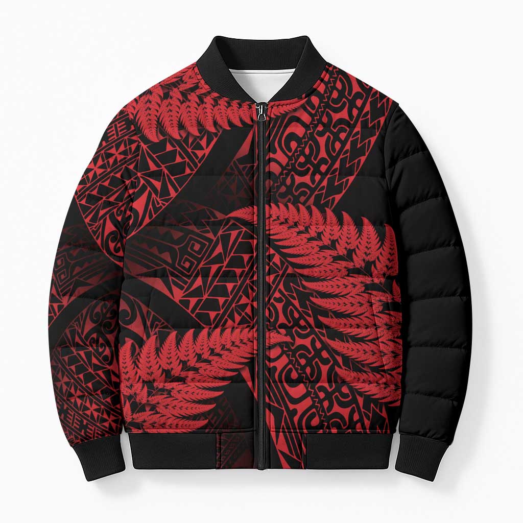 New Zealand Rugby Pacific Personalised Bomber Puffer Jacket All Red Maori Pasifika Fern Pattern - Polynesian Pride