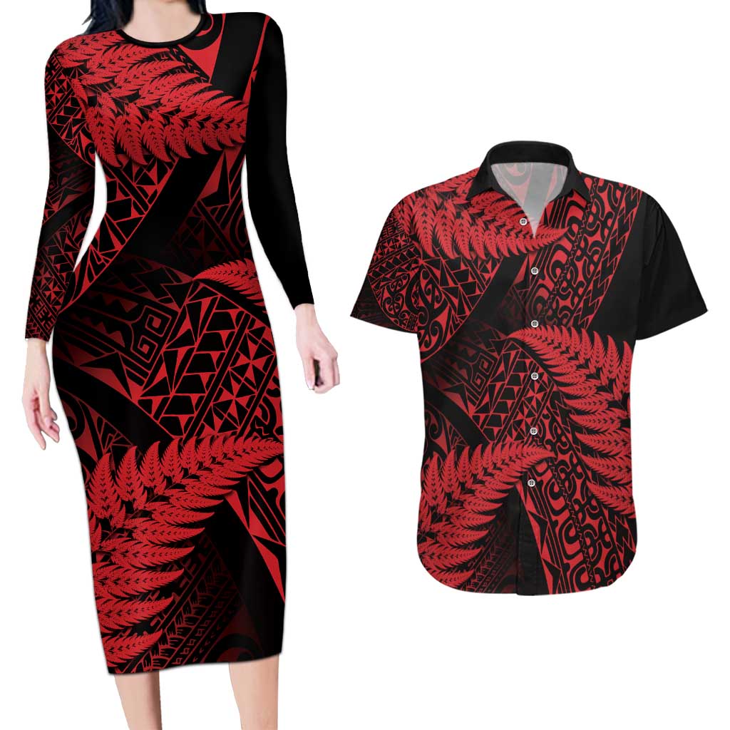 New Zealand Rugby Pacific Personalised Couples Matching Long Sleeve Bodycon Dress and Hawaiian Shirt All Red Maori Pasifika Fern Pattern