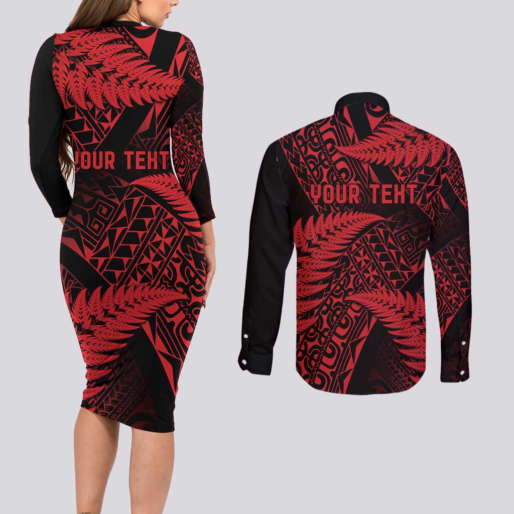 New Zealand Rugby Pacific Personalised Couples Matching Long Sleeve Bodycon Dress and Long Sleeve Button Shirt All Red Maori Pasifika Fern Pattern