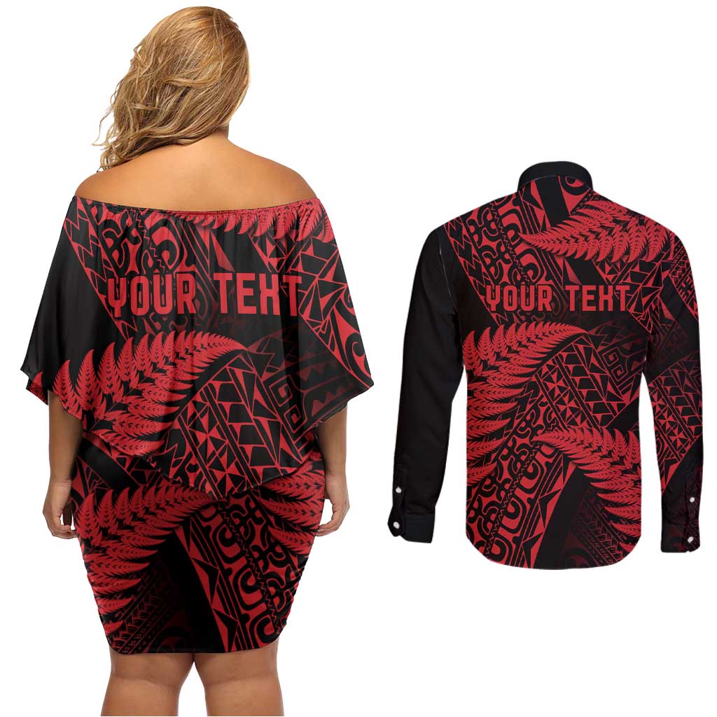 New Zealand Rugby Pacific Personalised Couples Matching Off Shoulder Short Dress and Long Sleeve Button Shirt All Red Maori Pasifika Fern Pattern