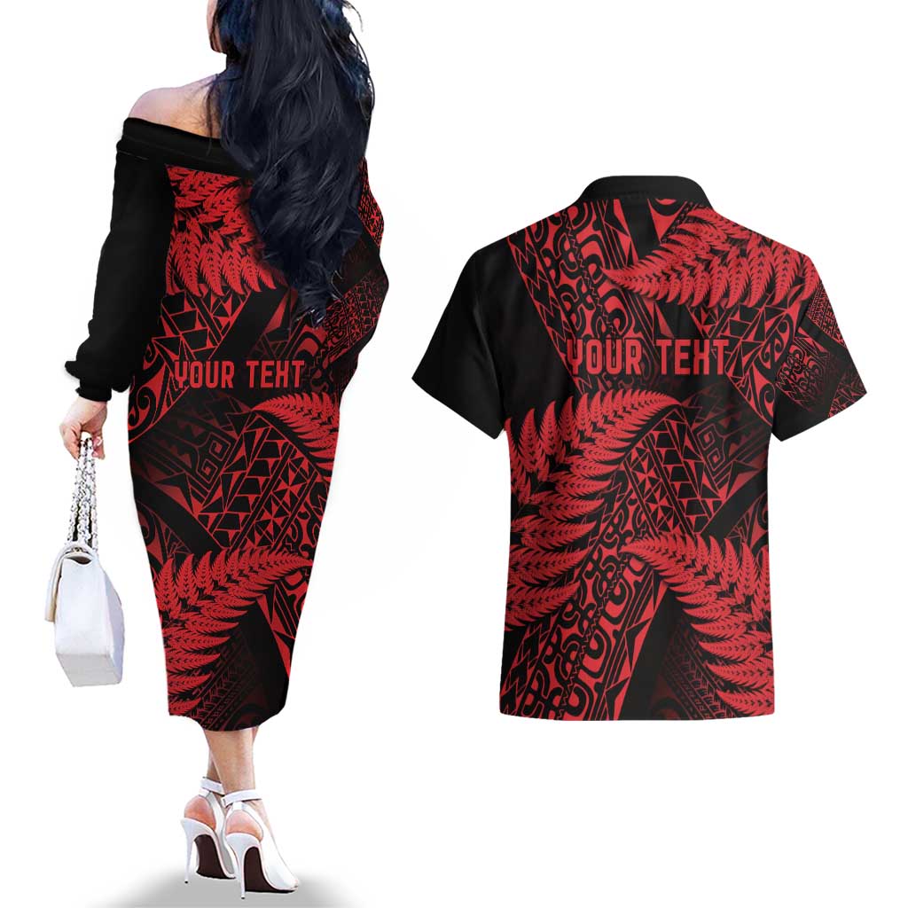New Zealand Rugby Pacific Personalised Couples Matching Off The Shoulder Long Sleeve Dress and Hawaiian Shirt All Red Maori Pasifika Fern Pattern
