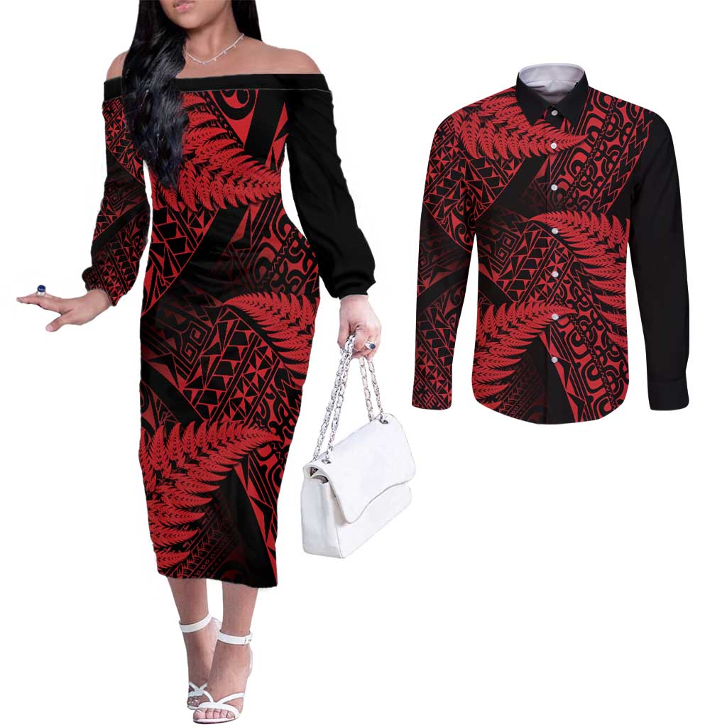 New Zealand Rugby Pacific Personalised Couples Matching Off The Shoulder Long Sleeve Dress and Long Sleeve Button Shirt All Red Maori Pasifika Fern Pattern