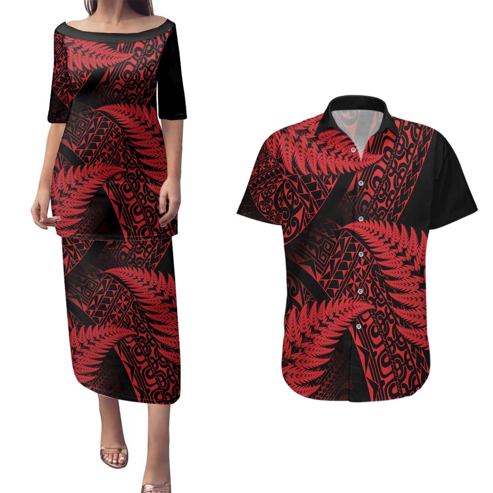 New Zealand Rugby Pacific Personalised Couples Matching Puletasi and Hawaiian Shirt All Red Maori Pasifika Fern Pattern